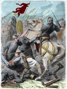 路易六世被称为 "格罗斯"（1081-1137），在布伦尼维尔战役中，试图在1119年从英国国王亨利一世手中夺取诺曼底。雕刻于 "Histoire De France En Cent Paintings by Paul Lehugeur "1891。 作者 法语学校