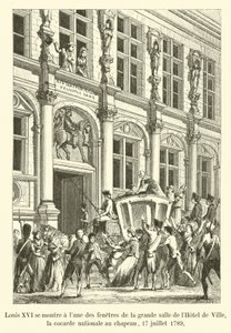 路易十六在1789年7月17日戴帽子的国家帽徽酒店的大厅的一个窗户上露面 作者 法语学校