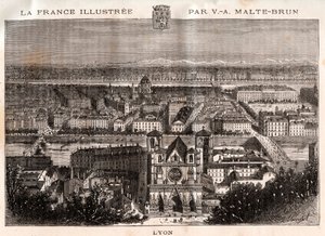 里昂--在V.A. Malt-Brown的 "La France illustrstree: geographie, histoire, administration statistique "中雕刻。1884 作者 法语学校