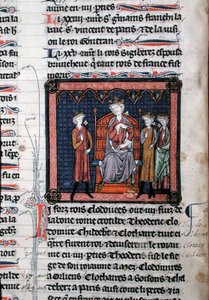 MS.782 Childeric II (c.650-675), Clodomir (c.495-524) and possibly Theodoric, represented as under the protection of King Clotaire I (c.497 -561), seated on a throne, miniature from the Chroniques de Saint-Denis (vellum) 作者 法语学校