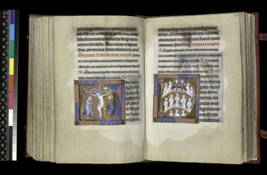 MS 300 f.198v-199r, Suffrage to the Cross and Suffrage to Angels, from the Psalter and Hours of Isabella of France, Paris, c.1265-70 (pen & ink and tempera on parchment) 作者 法语学校