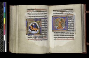 MS 300 f.206v-207r，圣玛格丽特的选举权和圣凯瑟琳的选举权，来自法国伊莎贝拉的诗篇和时间，巴黎，c.1265-70（羊皮纸上的钢笔和墨水和蛋彩画） 作者 法语学校