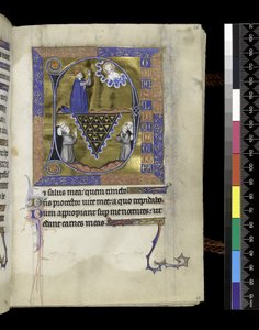 MS 300 f.26r，大卫向上帝祈祷，来自法国伊莎贝拉的诗篇和时间的对开页，巴黎，约 1265-70 年（羊皮纸上的钢笔和墨水和蛋彩画） 作者 法语学校