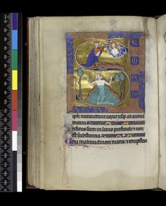 MS 300 f.70v, David prays to God (above), David sinks in water (below), from the Psalter and Hours of Isabella of France, Paris, c.1265-70 (pen & ink and tempera on parchment) 作者 法语学校