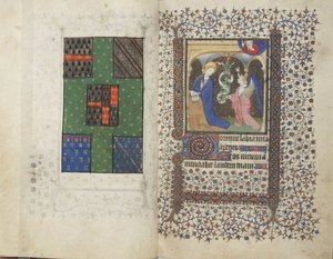 MS Widener 4，ff.26v-27r，纹章和报喜，出自《小时之书》，使用雷恩，约 1405 年（牛皮纸上的钢笔和墨水和蛋彩画） 作者 法语学校