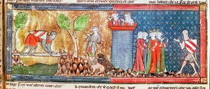 M. 806 f.166 Lancelot通过一把锋利的剑桥上的河流证明了他对Guinevere的爱，来自罗马de Lancelot du Lac，1344 作者 法语学校