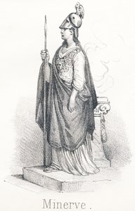米纳维。从朱庇特的头部出来的女神，脚踏斗篷，手握长矛 在密涅瓦的名字下，她是智慧女神，在帕拉斯的名字下，她是战争女神。 作者 法语学校
