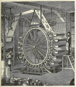 用多达20种颜色印刷墙纸的机器，出版。1873年的雕刻，1873年。 作者 法语学校