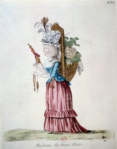Madame of the Three States A woman wearing elegantly clothes and carrying a basket of fruits and vegetables representing the three states at the time of the French revolution. Engraving from 1789. Library of the Arsenal, paris 作者 法语学校