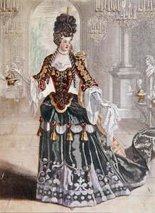 德斯马丁小姐在吕利的歌剧中扮演赛琪，约1703年（彩色雕刻）。 作者 法语学校