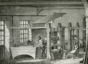 通过筛分纸浆来手工造纸。 雕刻 c1870。 作者 法语学校