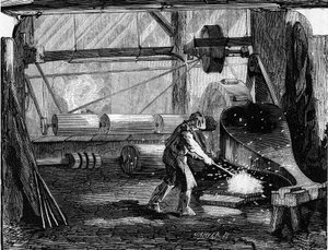 Manufacture of rifle cannons: the iron strips are red blank. Engraving in “” Le Monde Illustré”” n°35 of 12 December 1857. 作者 法语学校