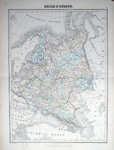 描绘欧洲俄罗斯的地图，约1840年（彩色雕刻）。 作者 法语学校