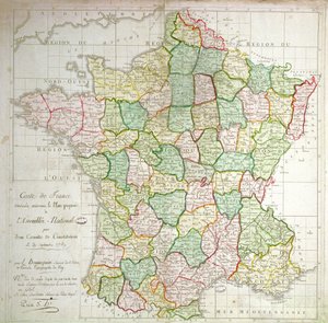 法国地图显示划分部门的计划，1789年（彩色光刻和墨水）