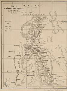 老挝和湄公河地图显示Henri Mouhot的航行路线，插图来自印度 - 中国（暹罗），柬埔寨和老挝中部的旅行1858年，1859年，