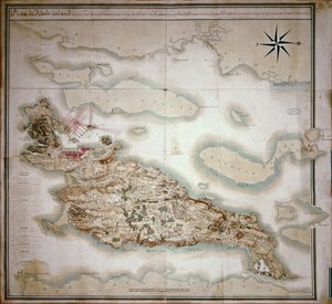 1780年至1881年法国军队按照Jean-Baptiste de Vimeur（1725-1807）的命令占领罗得岛时的罗钦岛地图