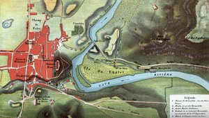 1858年卢尔德国家地图，即伯纳黛特-苏比鲁斯（Bernadette Soubirous）异象发生的年份：地图显示了她的房子和洞穴的位置。比利牛斯高原（65）。亨利-拉塞尔的《卢尔德圣母院》中的彩色石版画 作者 法语学校