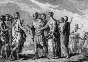 法兰克国王克洛维一世（466-511）与克洛蒂尔德（Sainte Clothilde，约475-545）于493年结婚。18世纪的雕版画。 作者 法语学校