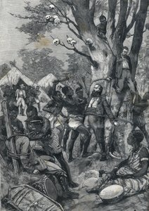 刚果的大屠杀。欧洲人被食人族哀求。在1898年的《小巴黎人》中。 作者 法语学校
