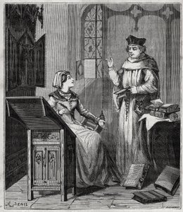 Matthieu Lansbert (Lansberg, Lansbergh, Laensberg or Laensbergh) (15-16世纪) et sa niece - Alexis Clerc的 "Sciences made available to everyone - physics and chemistry "中的版画 - 19世纪末 - 私人收藏 作者 法语学校
