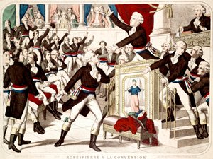 马克西米利安-罗伯斯庇尔在大会上（1794年热月19日的会议），让-兰伯特（Jean-Lambert）-塔利安用刀威胁罗伯斯庇尔--当时流行的雕刻作品 作者 法语学校