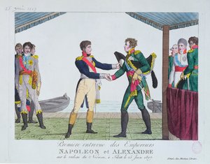 1807年6月25日，在Tilsit举行的Napoleon I和Alexander I之间的会面 作者 法语学校