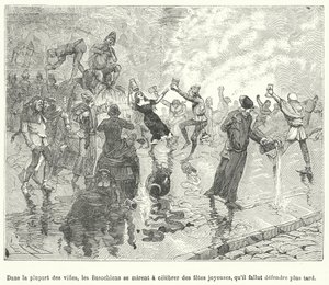 Basaoche 的成员，法律文员行会，在中世纪法国小镇的街道上庆祝节日（版画） 作者 法语学校