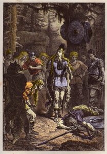 Merovingiens: Clovis 1er shooting down the soldier who had broken the vase of Soissons, en 486 - Clovis (465-511) and the Frankish warrior who broke the Vase of Soissons in 486 - engraving from “” L