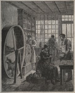 仪表和工匠：19世纪该省的一家餐具店。阿道夫-比塔尔（Adolphe BITARD）于1885年在 "Les arts et metiers illustrstres "中的版画。 作者 法语学校