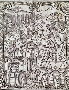 收获的月份，与处女座和天秤座的星座，来自法国Le grand calendrier des bergers的雕刻。 作者 法语学校
