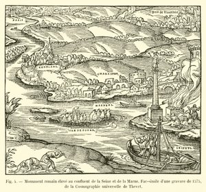 罗马纪念碑位于塞纳河和马恩河交汇处，1575年雕刻的Fac-simile，Thevet&39;s Universal Cosmography 作者 法语学校