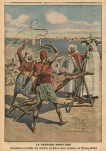 摩洛哥的野蛮行为，如何对待罢工的水手，来自&39;Le Petit Journal&39;的插图，补充说明，1910年4月24日 作者 法语学校