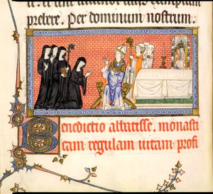 Ms.298 f82v Metz Pontifical的一位修道院的演讲，为Metz的主教Raymond Bar撰写，1302-16 作者 法语学校