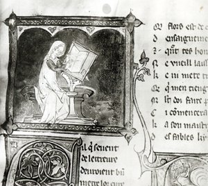 Ms.3142 fol.256 Marie de France（12世纪）写作，来自法国诗集，c.1280-90（详情） 作者 法语学校