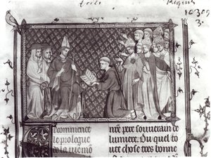 Ms.Fr. 5716 f.2 Jean dAntioch在Martin IV之前，来自圣路易斯的Life and Miracles，c.1330-40 作者 法语学校