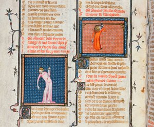 1126号女士用剑和迪利的自杀悬挂，由Guillaume de Loris和Jean de Meung来自Le Roman de la Rose，c.1360-70 作者 法语学校