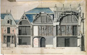 130736女士由Louis Le Vau（（1612-70）建造的凡尔赛宫翼的横截面（纸上写着） 作者 法语学校