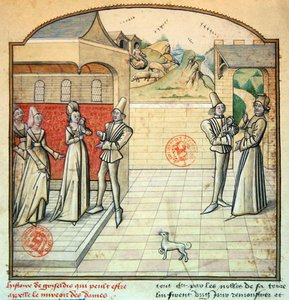 1560年 格里瑟尔迪斯和她的丈夫萨鲁斯侯爵，插图来自《Fleur des Histoires》，出自乔万尼-薄伽丘（牛皮纸）。 作者 法语学校