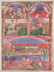 女士250 f.24r St. Radegund（518-87）在Clothar I（497-561）的桌子上，在她的演讲厅和皇家床脚下，来自圣拉德贡的生活 作者 法语学校