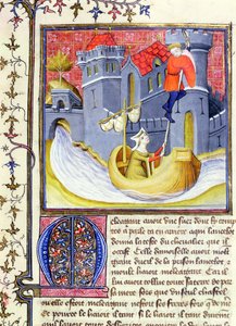 3480骑士女士在一位女士的帮助下逃离城堡，来自Livre de Messire Lancelot du Lac 作者 法语学校