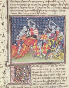 战斗中的3480骑士女士，来自Messire Lancelot du Lac 作者 法语学校