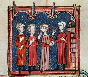 Ms 372 fol.6v 牧师通奸和犯罪，选自 "Decrets de Gratien"（牛皮纸）。 作者 法语学校