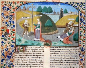 3878号作品《贫穷与财富》，来自乔瓦尼-薄伽丘（1313-75）的《De Casibus Virorum Illustrium》插图（牛皮纸）。 作者 法语学校