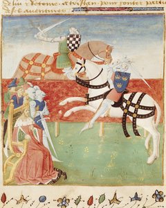 527女士fol.40v国王面前两位骑士的对峙，来自Roman du Saint Graal 作者 法语学校