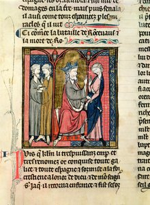 782 f.152r Charlemagne女士（742-814）将Ganelon送到Saragossan国王，Marsile和Baligant，来自Chroniques de Saint-Denis，c.1275 作者 法语学校