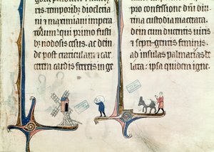 Ms 838 fol.55一名男子驾驶他的驴子携带小麦袋到风车，来自Obitaire de Notre Dame de Pres，1270年后 作者 法语学校