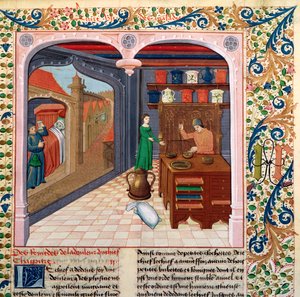 Dr 218 218 fol.111一名患者在他的床上和药剂师准备药物，来自Barthelemy lEnglish的物联书 作者 法语学校