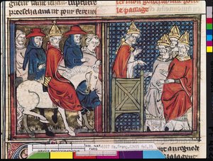 Dr 22495 Fol.15 Clermont委员会和教皇城市II的到来（c.1035-99）在法国，来自Le Roman de Godefroi de Bouillon，1337 作者 法语学校