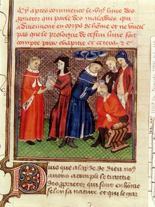 Fr 22531 Fol.115尿液检查和伤口愈合，来自Le Livre des Proprietes des Choses by Barthelemy lAnglais，c.1410-15 作者 法语学校