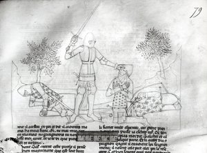 Fr 343 f.79女士在战场上武装骑士，来自Lancelot du Lac 作者 法语学校
